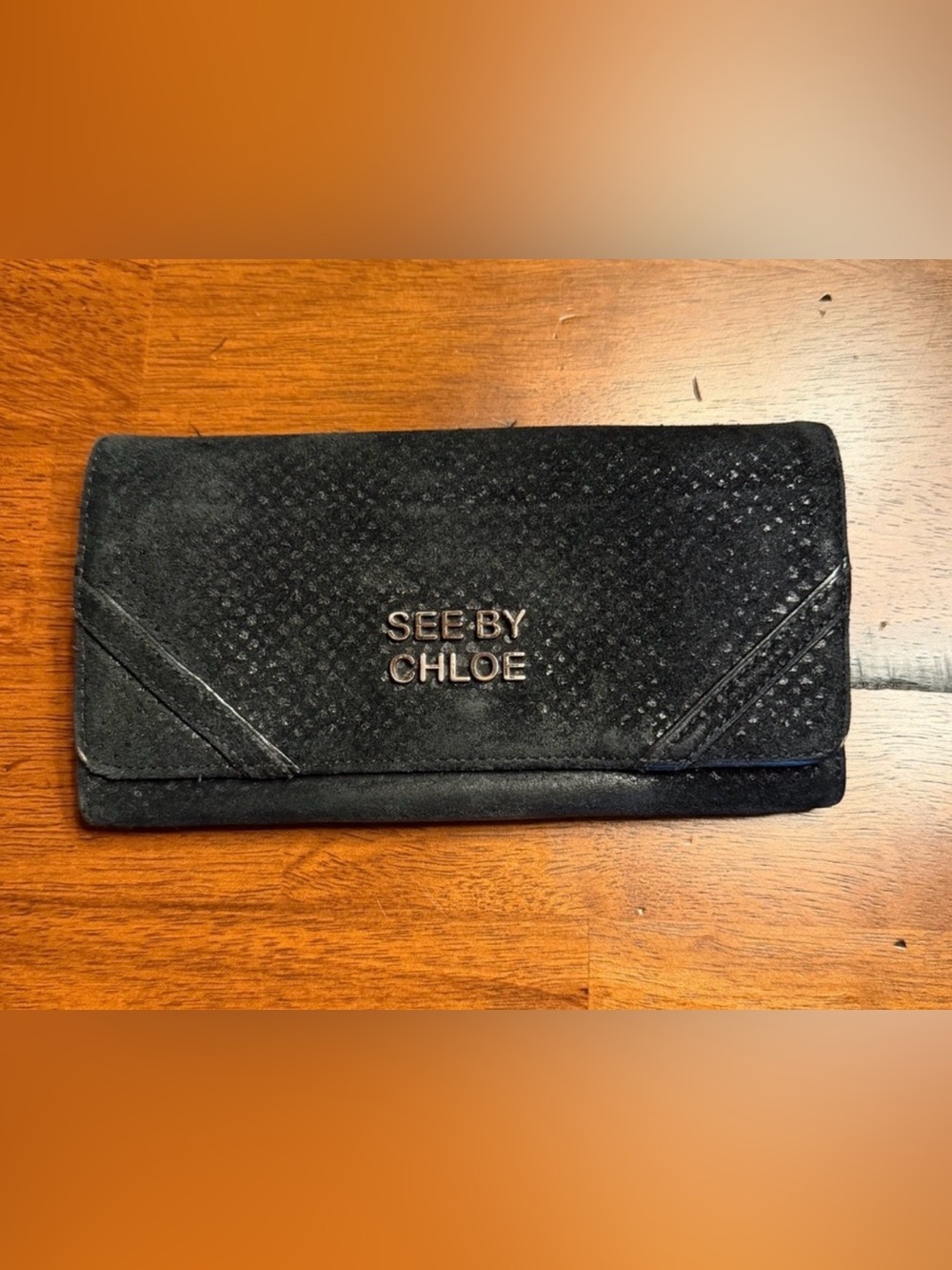 See By Chloe Black Suede Continental Card Holder Wallet Snap Closure